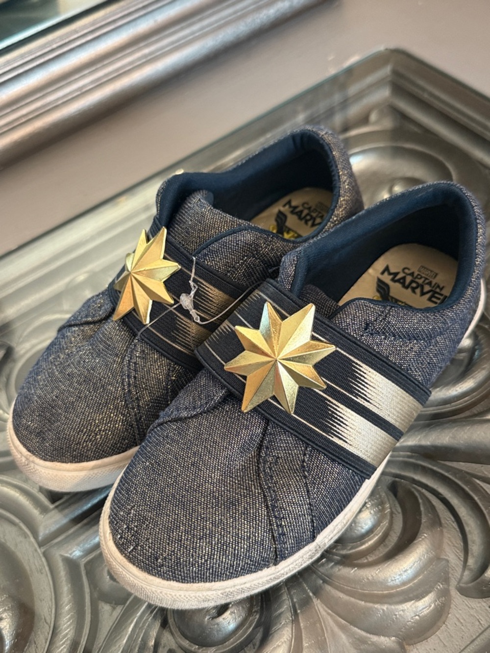 Captain Marvel 12 Glittery Denim Gold Kids' Navy Slip-On Sneakers with Gold Star